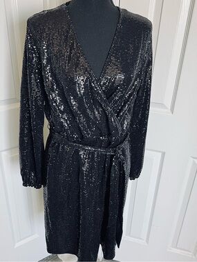 New! Egyptian Black Sequined JM Studio Wrap Midi Cocktail Dress Size US 12-16
